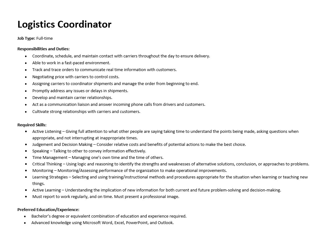 Description of logistics coordinator role responsibilities and duties.