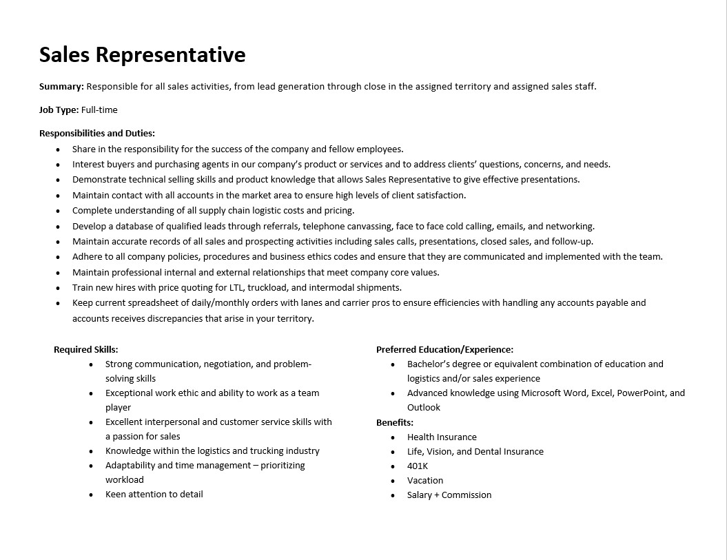 Description of sales representative role responsibilities and duties.